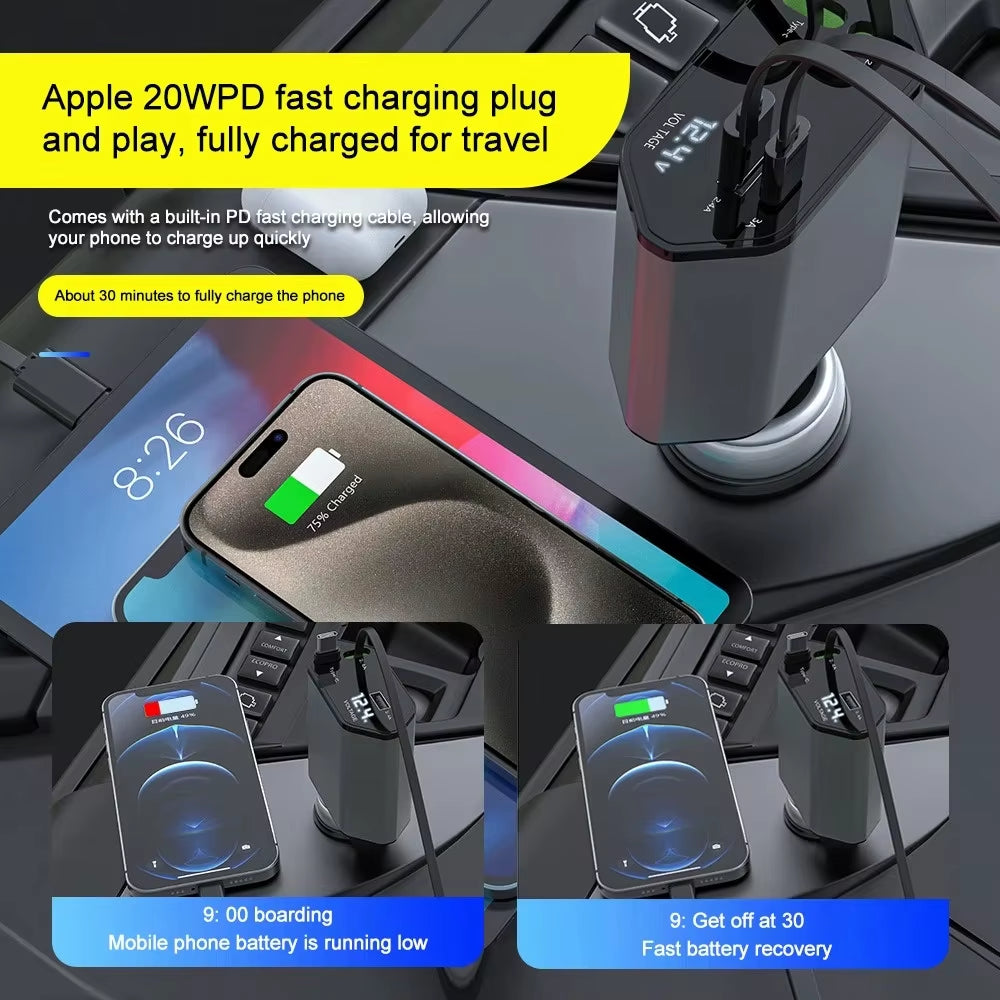 VoltRush™ 4-in-1 Retractable Car Charger – Fast Power, Zero Clutter