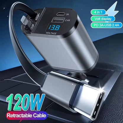 VoltRush™ 4-in-1 Retractable Car Charger – Fast Power, Zero Clutter